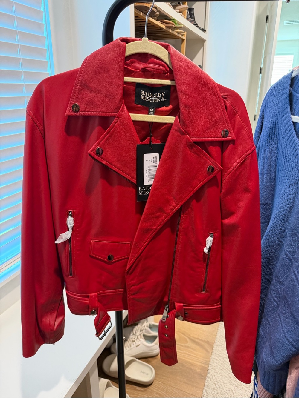 Badgley Mischka Red Faux Leather Jacket with Zip Details